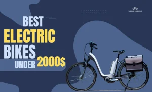 A white and black electric bicycle with a saddlebag on a dark blue background with text "BEST ELECTRIC BIKES UNDER 2000$".