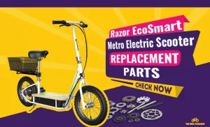 White electric scooter with a basket and "Razor EcoSmart Metro Electric Scooter REPLACEMENT PARTS" text.