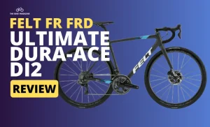 A black and blue Felt road bike is centered on a blue background with "FELT FR FRD ULTIMATE DURA-ACE DI2 REVIEW" text.