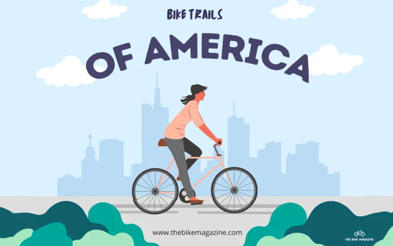 A woman rides a bicycle with a city skyline in the background and text "BIKE TRAILS OF AMERICA".