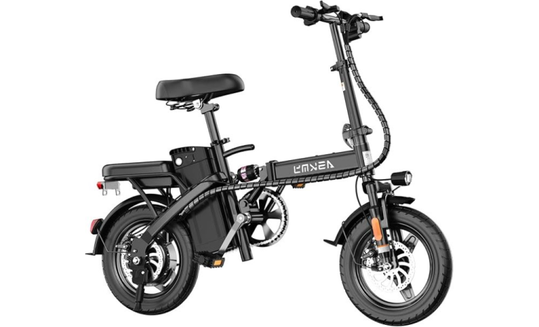 A black foldable electric bicycle with "LMKEA" on the frame, a black seat, and a small rear rack.
