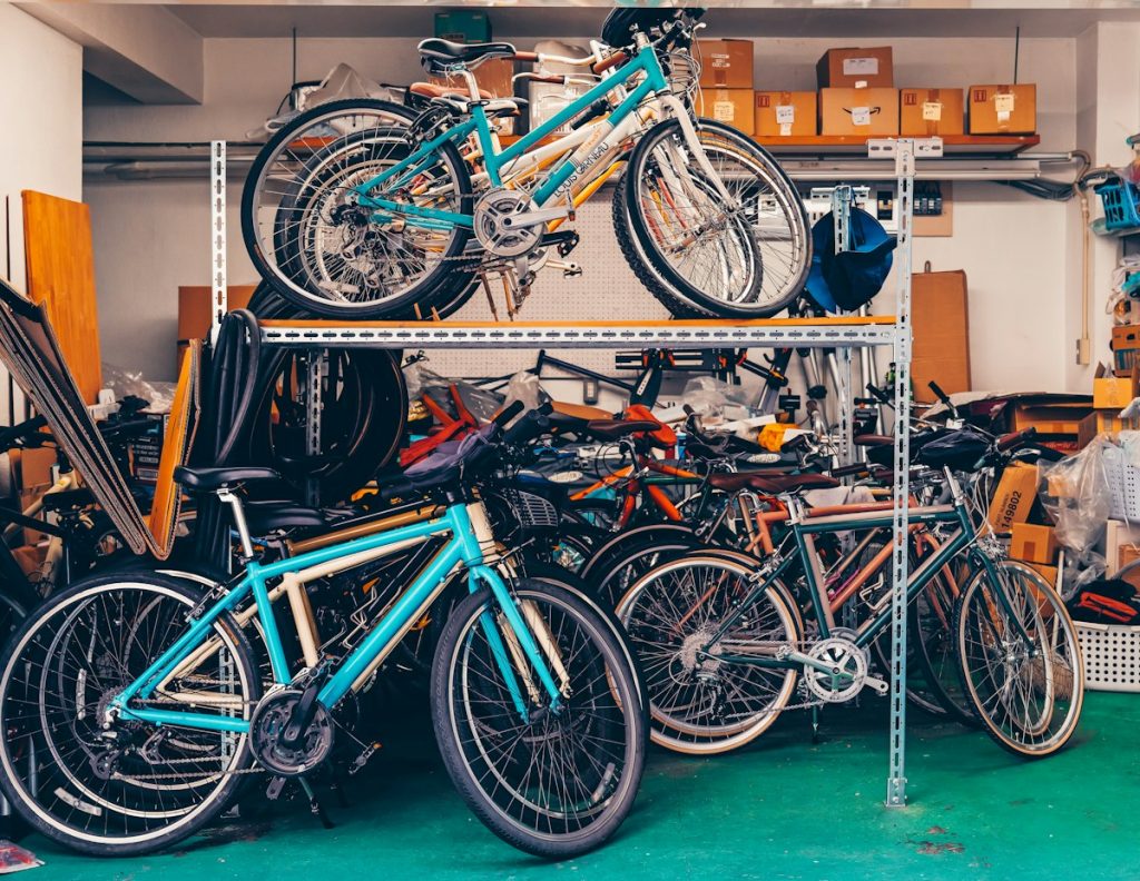 Rows of colourful bicycles on display shelves