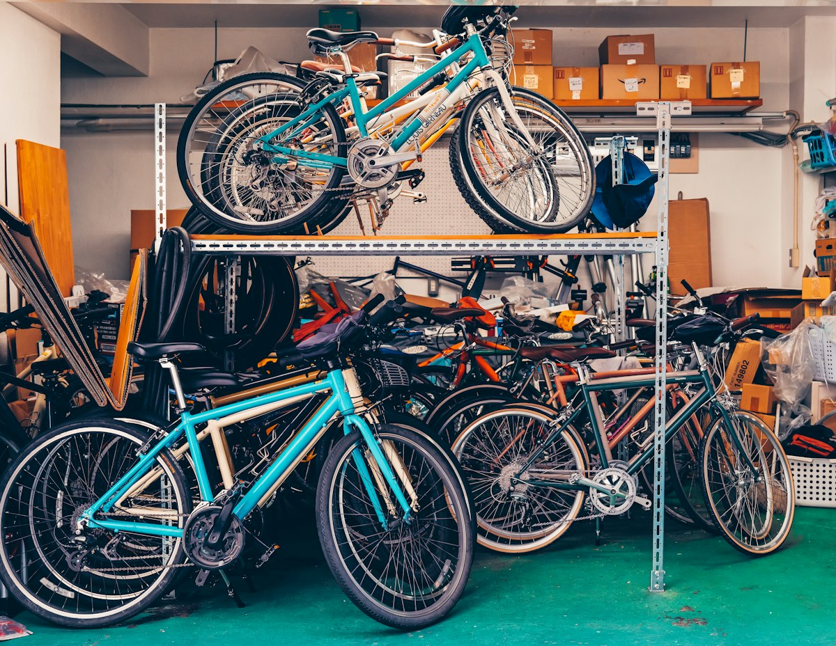 Rows of colourful bicycles on display shelves